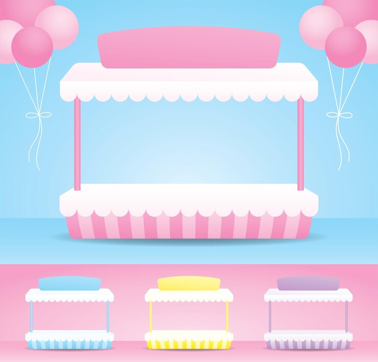 Vector linda pantalla de mostrador pastel femenino con toldo colección de vectores de ilustración 3d para poner objetos