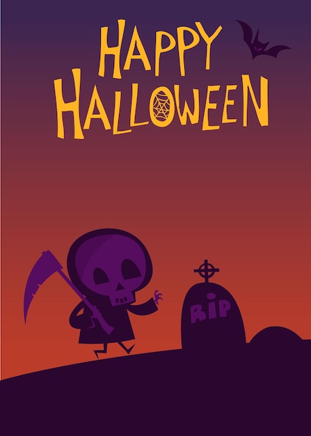 Linda parca de dibujos animados con cartel de guadaña para la fiesta de Halloween