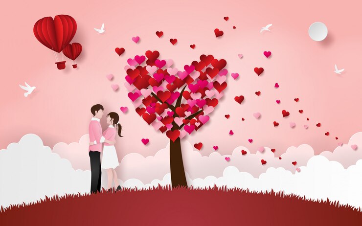 Linda pareja se abraza en el piso de hierba con árbol de corazón