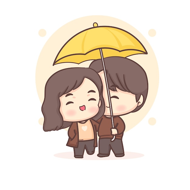 Linda pareja de amantes bajo el paraguas. Feliz personaje de dibujos animados chibi de san valentín.