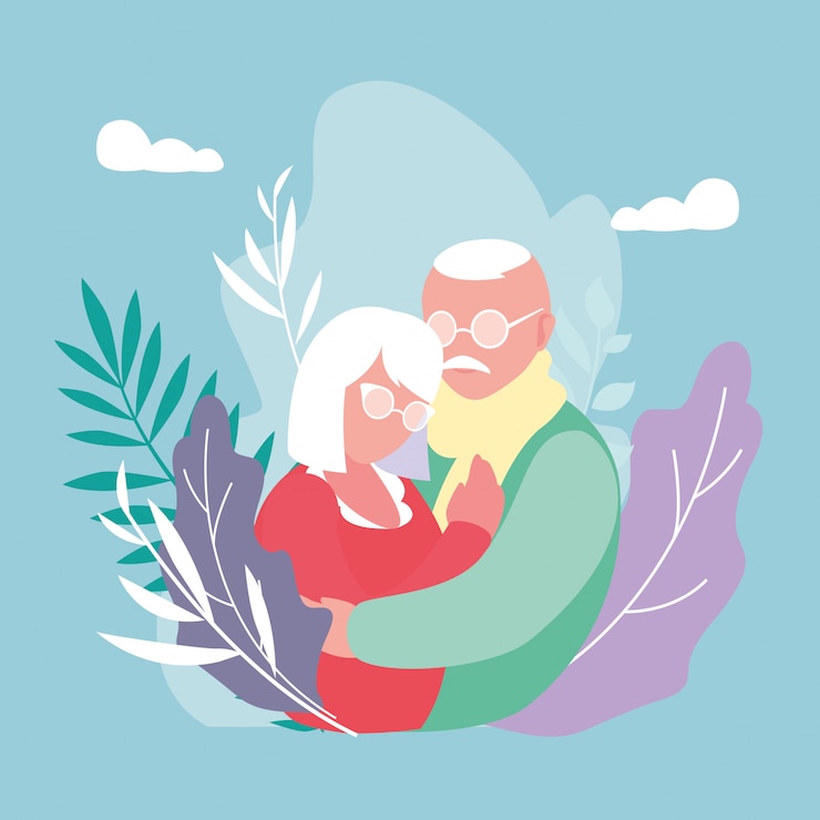Vector linda pareja de ancianos abrazados con decoración de hojas