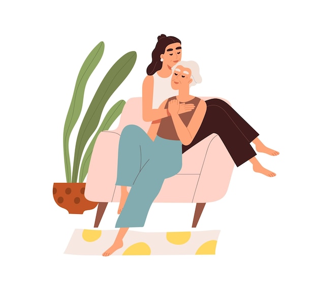 Linda pareja de ancianos homosexuales pasando tiempo juntos en casa. Escena acogedora con la familia lgbt abrazándose aislada en blanco. Relaciones románticas y ocio. Ilustración de vector de estilo de dibujos animados plana.