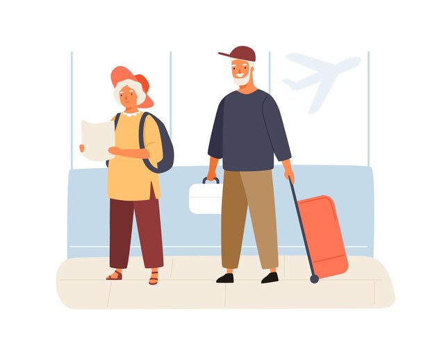 Linda pareja de ancianos de turistas en el aeropuerto. Anciano sosteniendo maleta y mujer leyendo mapa. Familia yendo de vacaciones juntos. Ilustración de dibujos animados de vector plano aislado sobre fondo blanco.