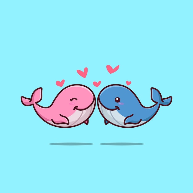 Linda pareja de ballenas amor corazón dibujos animados vector ilustración animal naturaleza aislada gratis