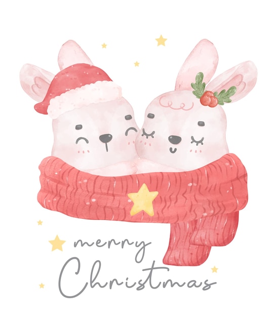 Linda pareja conejito rosa se abrazan en una acogedora bufanda roja feliz navidad dibujos animados dibujo acuarela