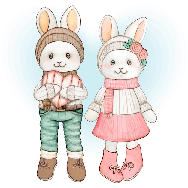 Linda pareja de conejitos pastel acuarela en ropa de invierno