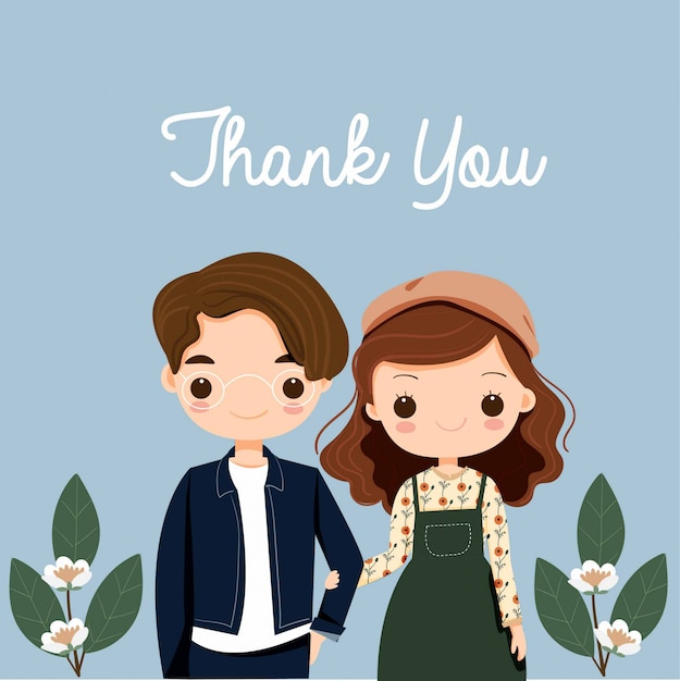 Linda pareja con dibujos animados de flores para tarjeta de agradecimiento | Vector Premium Linda pareja con dibujos animados de flores para tarjeta de agradecimiento | Vector Premium