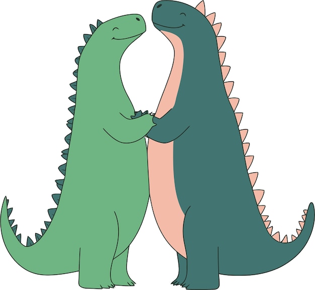 Una linda pareja de dinosaurios abrazándose en una caprichosa ilustración de arte vectorial
