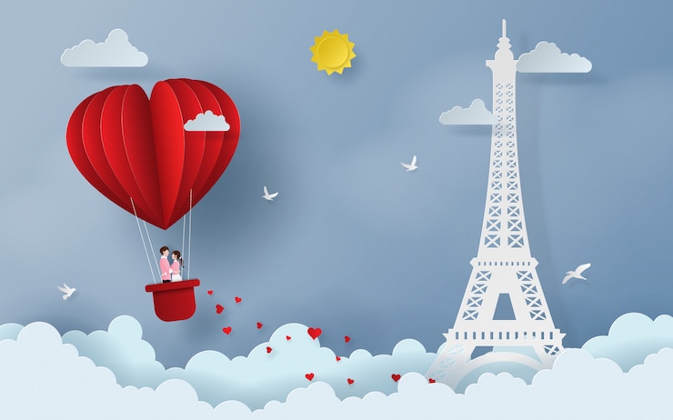 Vector linda pareja en globo rojo en forma de corazón en el cielo
