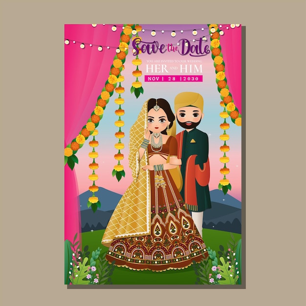 Vector linda pareja hindú en personaje de dibujos animados de vestido indio tradicional. tarjeta de invitación de boda romántica