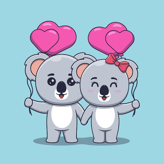 Linda pareja de koalas del día de san valentín con globos en forma de corazón