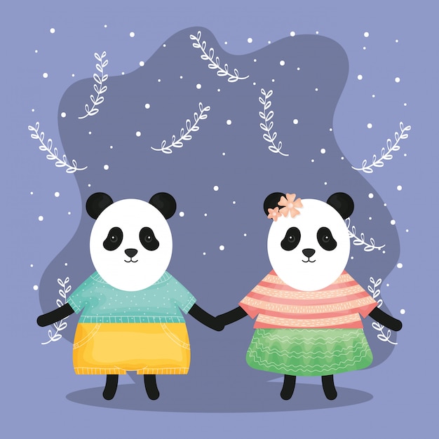 Linda pareja lleva panda con personajes de ropa.