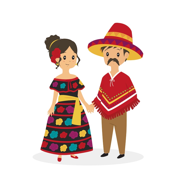Vector linda pareja mexicana en ropas tradicionales, dibujos animados