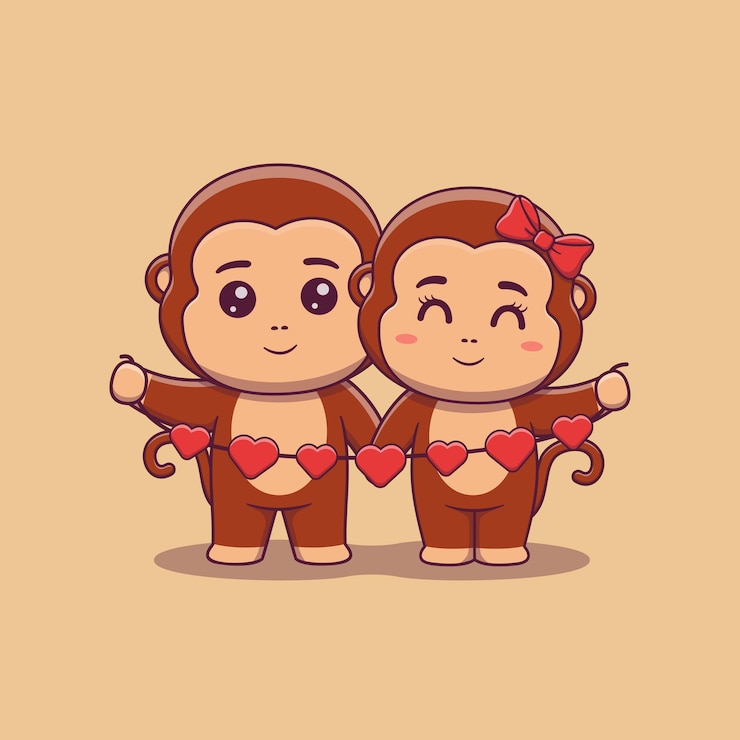 Vector linda pareja de monos del día de san valentín con guirnalda de corazones
