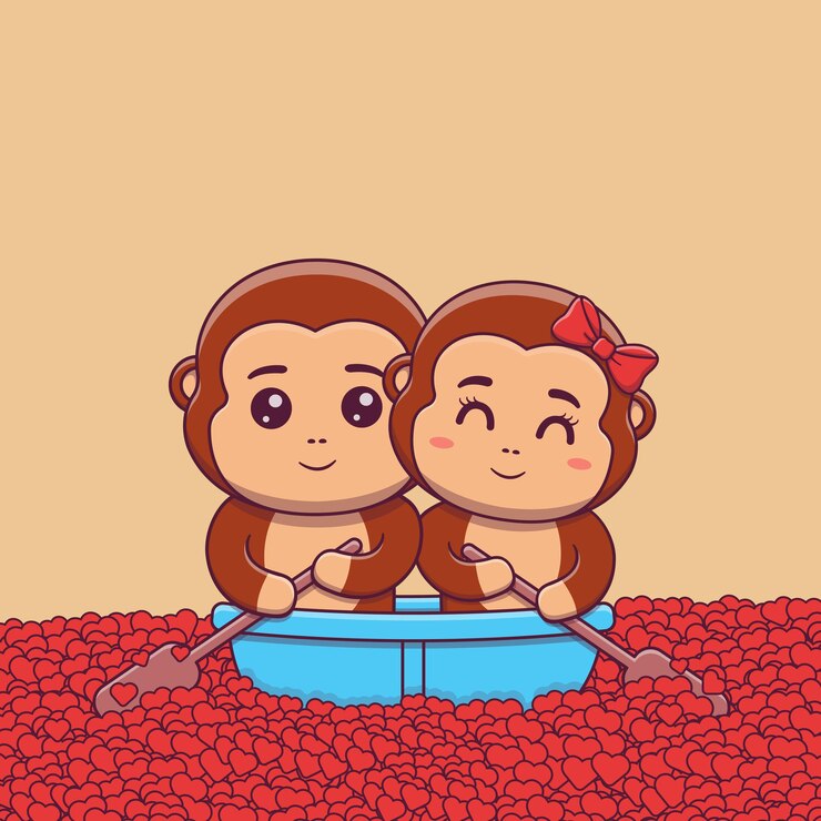 Vector linda pareja de monos del día de san valentín remando en una canoa en el mar de corazones