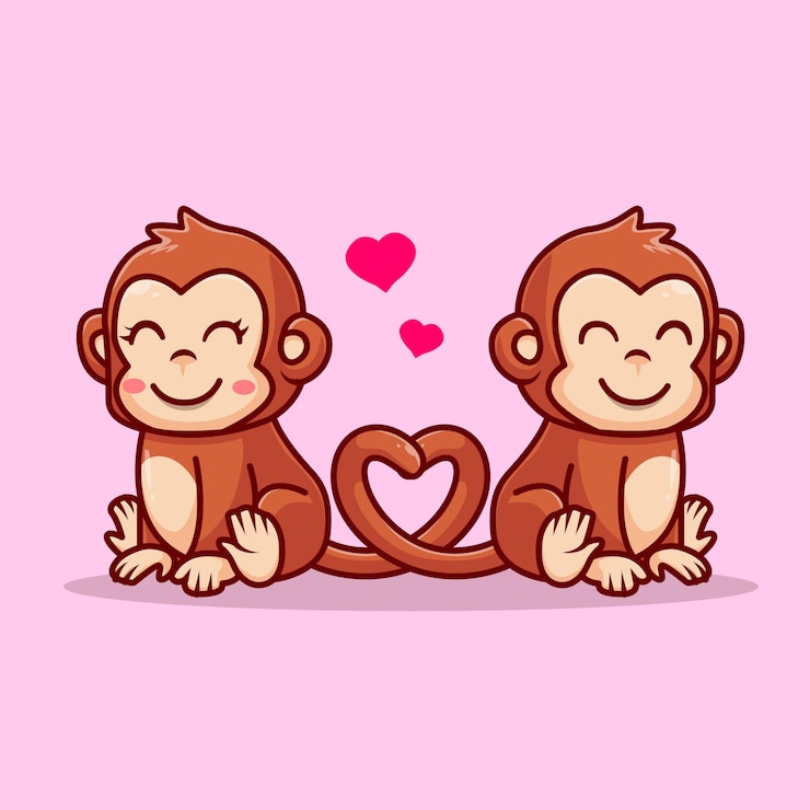 Vector linda pareja de monos con ilustración de icono de vector de dibujos animados de corazón de amor. icono de naturaleza animal aislado