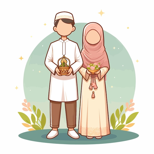 Vector una linda pareja musulmana celebra el ramadán y la tarjeta de felicitaciones del eid adecuada para imprimir en las redes sociales