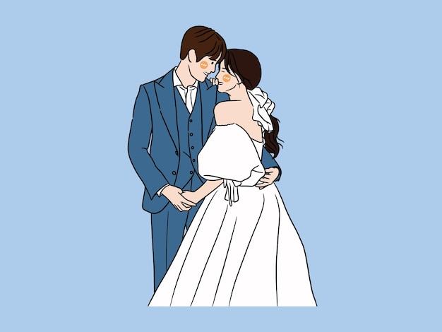 Linda pareja de novios en personaje de dibujos animados de vestido de novia