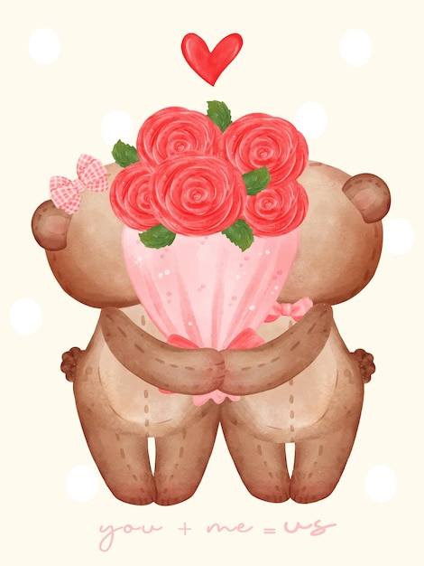 Vector linda pareja oso de peluche muñeca besándose detrás de ramo de rosas adorable dibujos animados acuarela dibujado a mano vector illustratrion