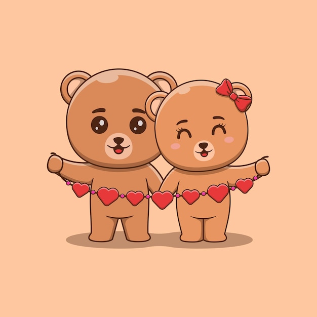 Linda pareja de osos del día de san valentín con guirnalda de corazones