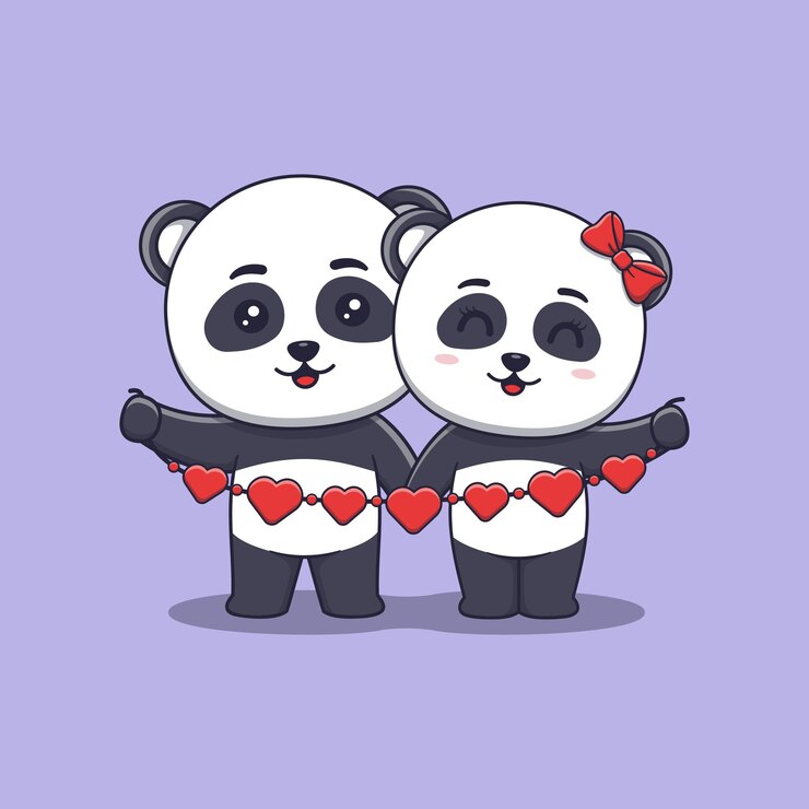 Vector linda pareja de panda del día de san valentín con guirnalda de corazones