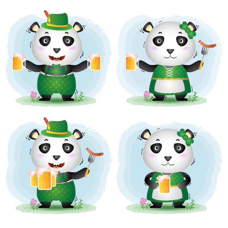 Vector una linda pareja de pandas con el tradicional vestido de oktoberfest