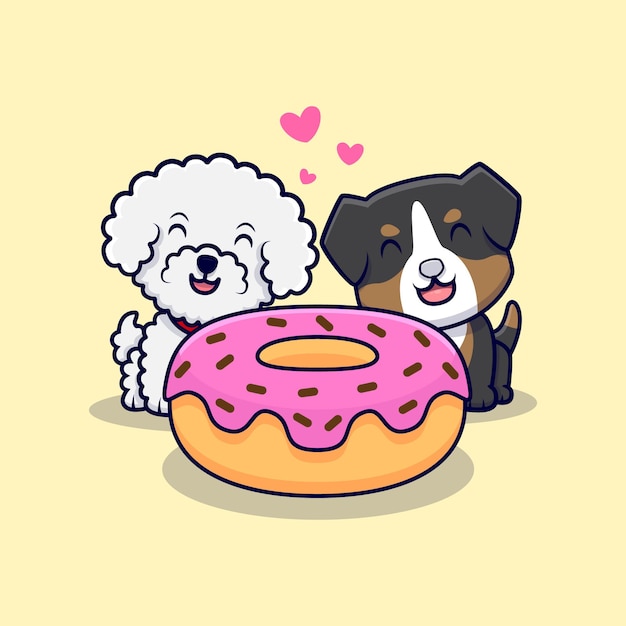 Linda pareja de perros detrás de una ilustración de icono de dibujos animados de donut