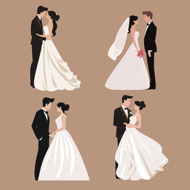 Vector linda pareja en personaje de dibujos animados de vestido de novia