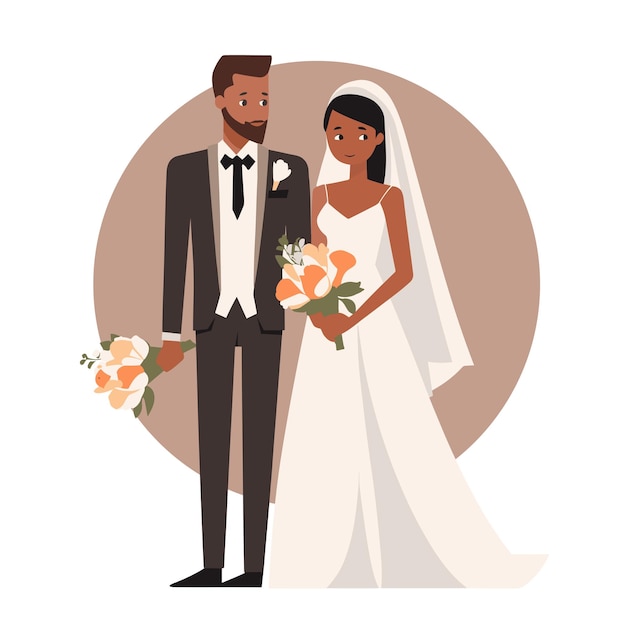Linda pareja en personaje de dibujos animados de vestido de novia
