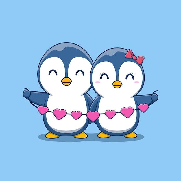 Linda pareja de pingüinos del día de San Valentín con guirnalda de corazones