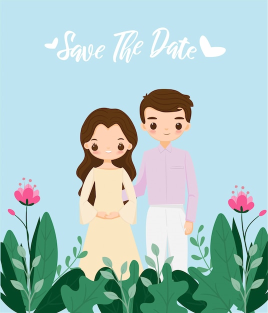 Linda pareja en plantilla de tarjeta de invitación de boda flor