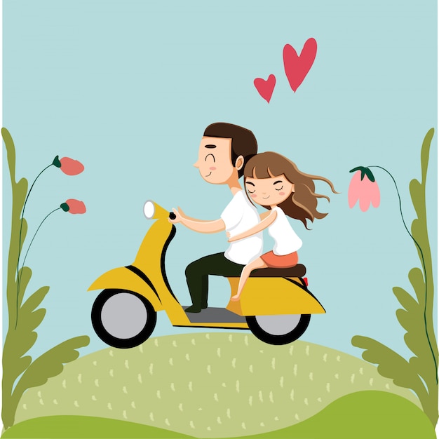 Vector linda pareja romántica montando motocicleta
