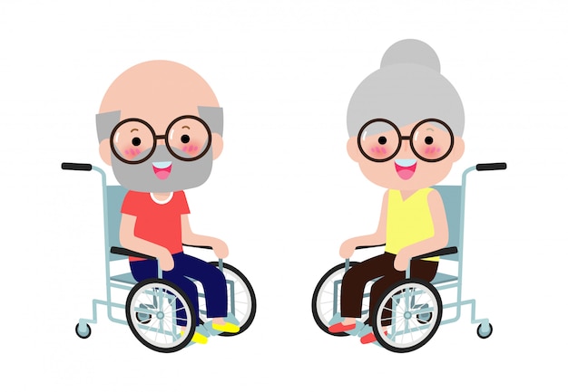 Linda pareja senior discapacitados sentado en una silla de ruedas, persona con discapacidad. Ilustración de dibujos animados de estilo plano colorido aislado sobre fondo blanco