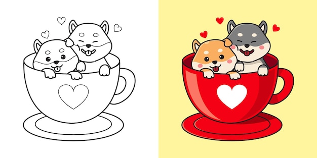 Linda pareja de shiba inu en una taza de café. Imágenes prediseñadas de San Valentín. Página para colorear de niños. Dibujos animados de estilo plano.