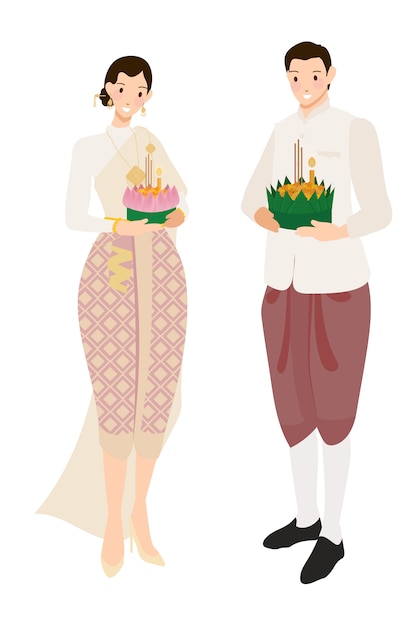 Vector linda pareja tailandesa en flores flotantes loy krathong festival