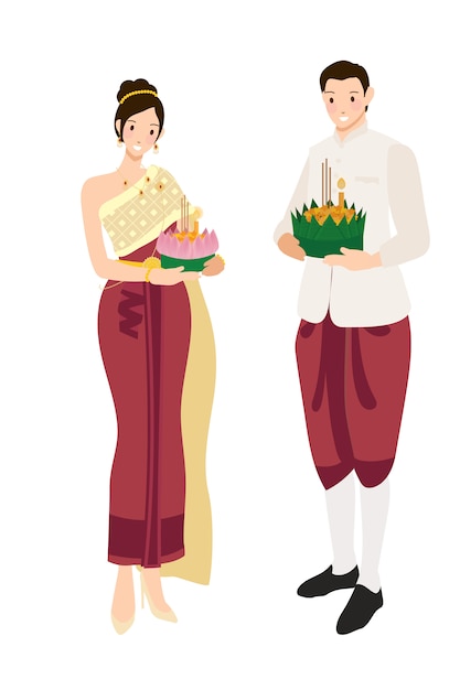 Linda pareja tailandesa en vestido rojo tradicional en flores flotantes Loy Krathong festival