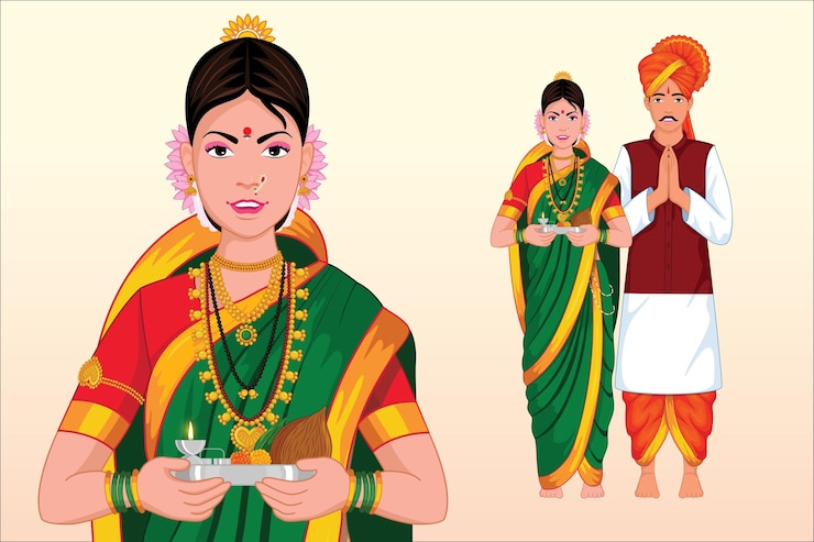 Vector linda pareja tradicional india marathi de pie con gesto aarti thali y namaste