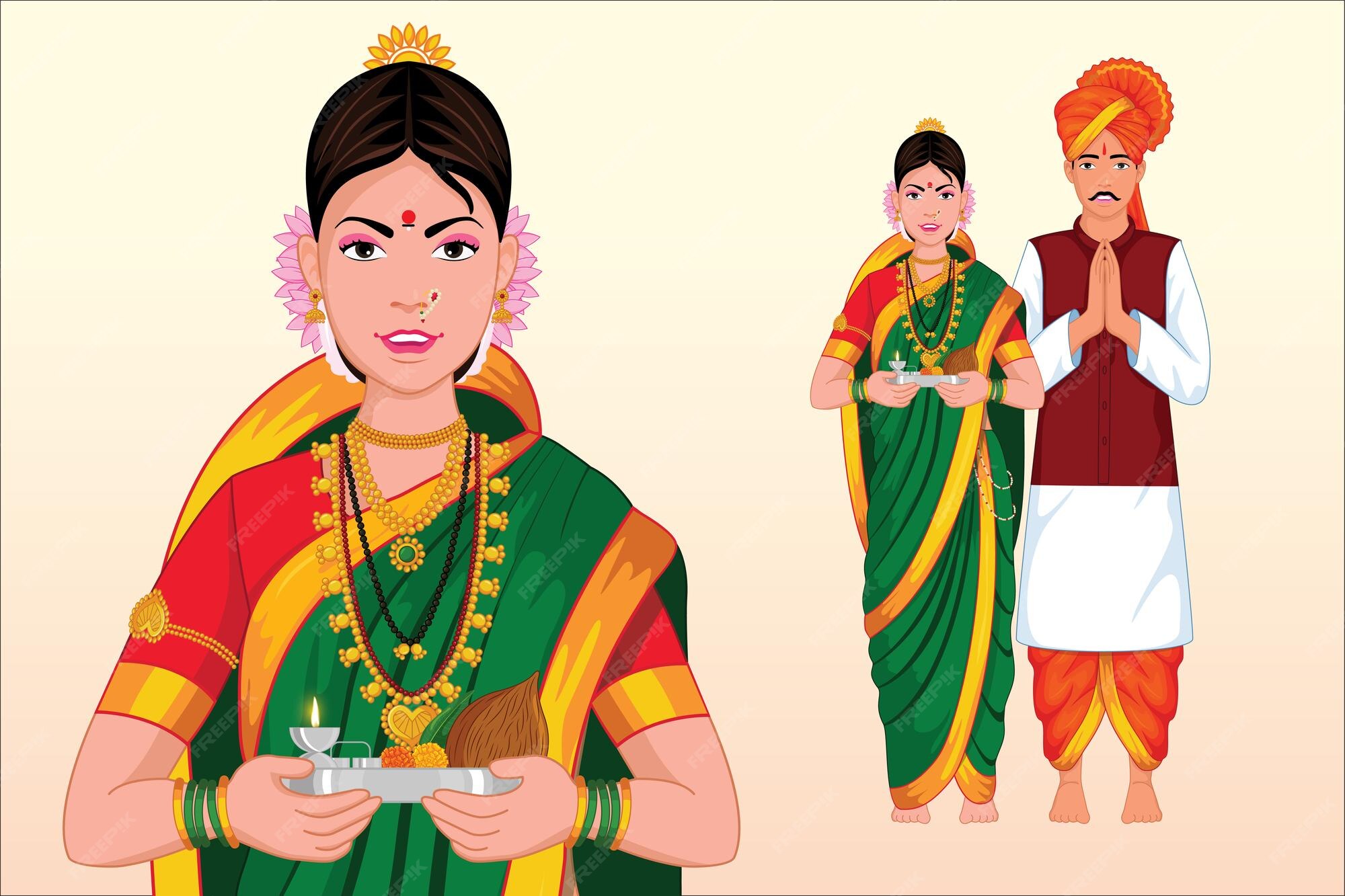 Linda pareja tradicional india marathi de pie con gesto aarti Thali y