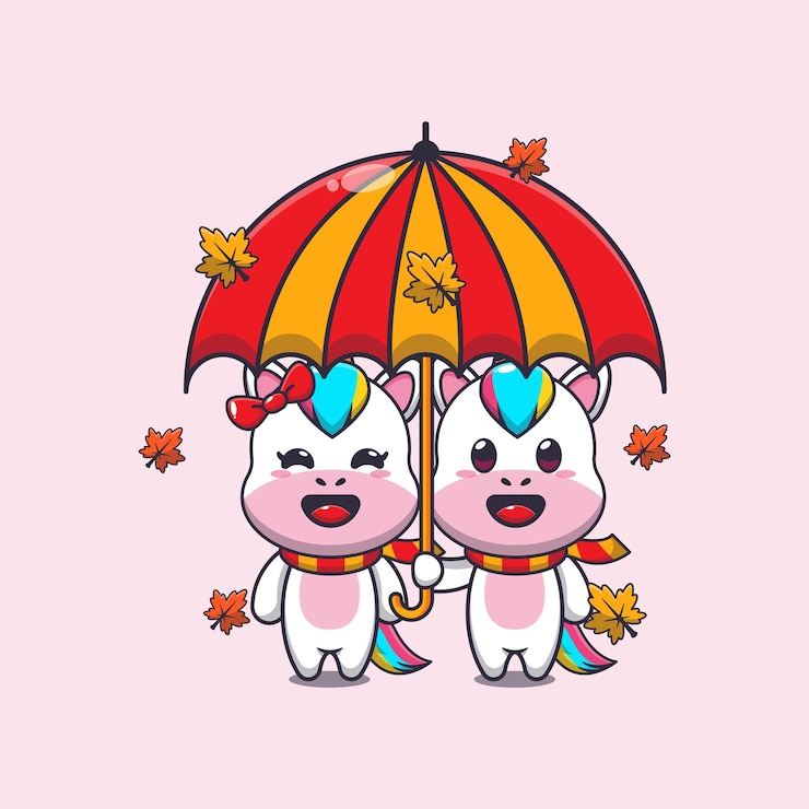Vector una linda pareja de unicornios con paraguas en la temporada de otoño