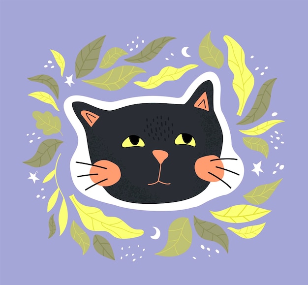 Vector linda pegatina con un gato y hojas ilustración infantil planaxa