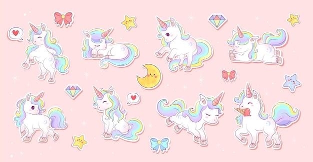 Unicornio Mágico Pegatinas De Moda De Unicornio De Color Rosa Unicornio  Ilustraciones svg, vectoriales, clip art vectorizado libre de derechos.  Image 88079382