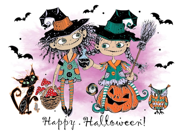 Linda pequeña bruja amigos tarjeta de felicitación de Halloween Vector