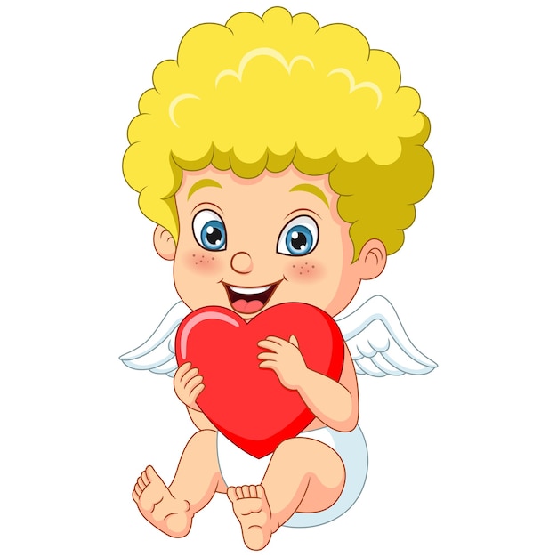 Vector linda pequeña caricatura de cupido con corazones rojos