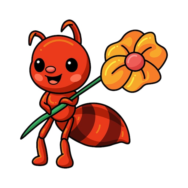 Linda pequeña caricatura de hormiga roja sosteniendo una flor