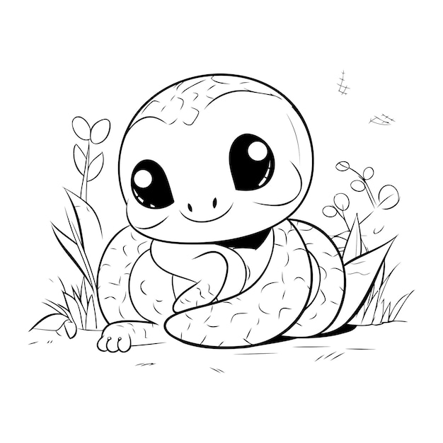 Vector linda pequeña tortuga sentada en la hierba vector ilustración de dibujos animados