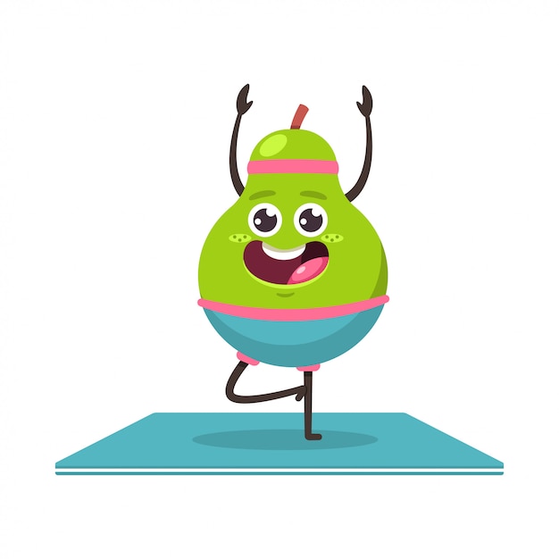 Linda pera en pose de yoga. divertido personaje de fruta de dibujos animados vector aislado. comer sano y en forma.