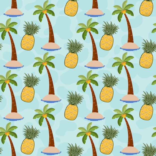 Linda piña y árbol de coco de patrones sin fisuras con fondo pastel
