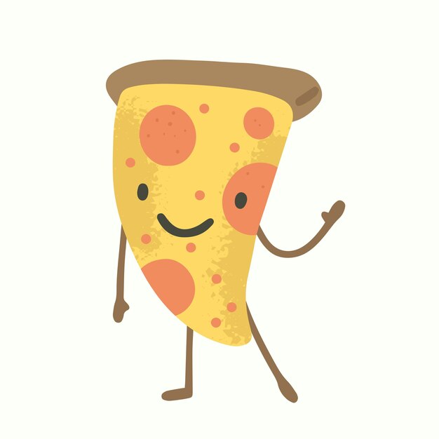 Linda pizza con cara agitando la mano. Postal con personaje