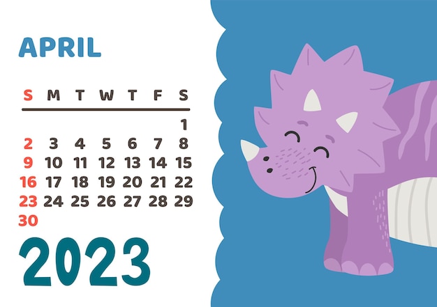 Linda plantilla de calendario de dinosaurios para la serie infantil Abril