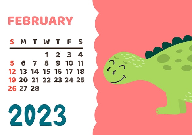 Linda plantilla de calendario de dinosaurios para la serie infantil febrero